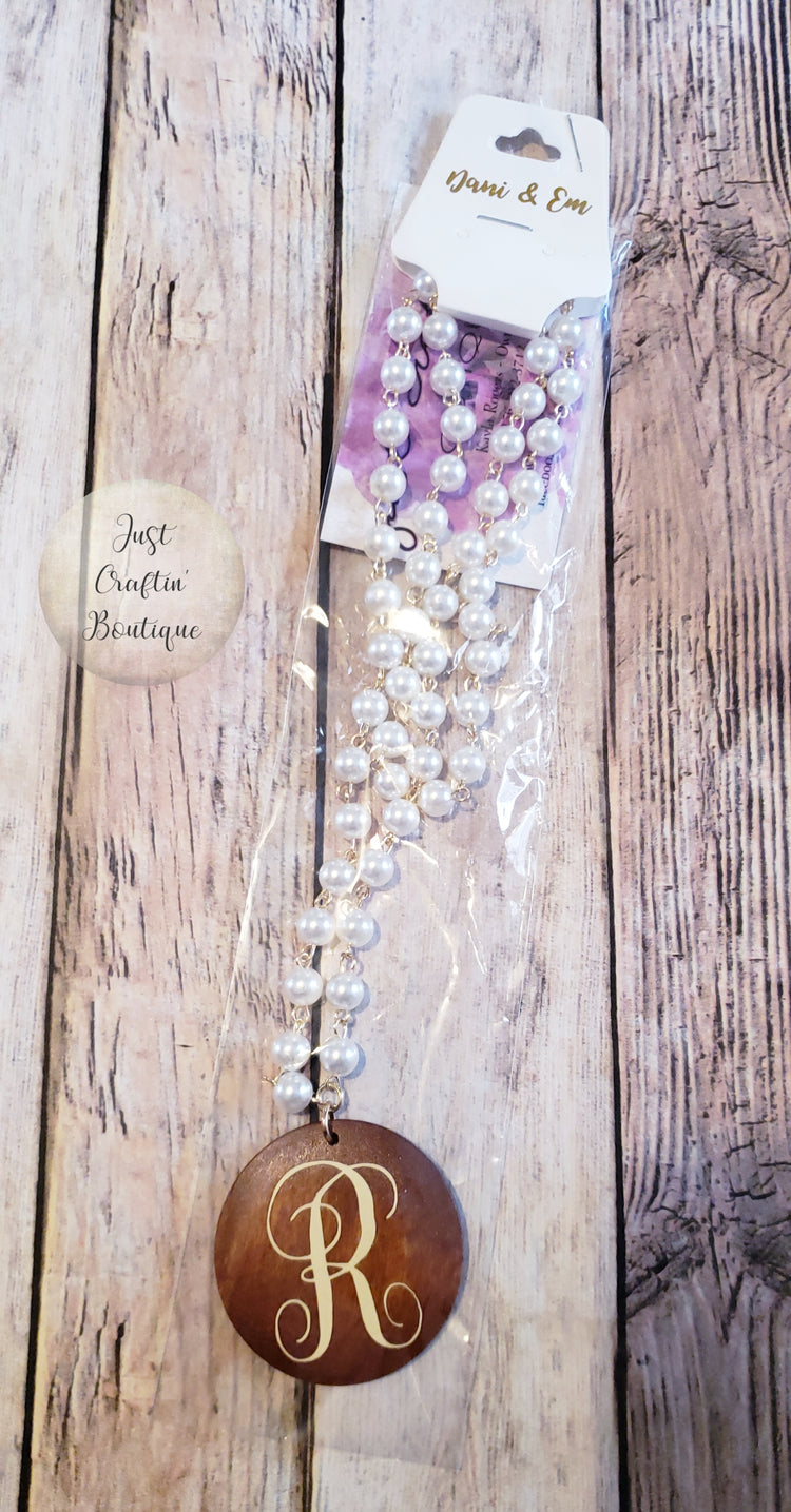 Pearl Beaded Necklace w/ Wooden Circle for Initial(s) // Custom Jewelry