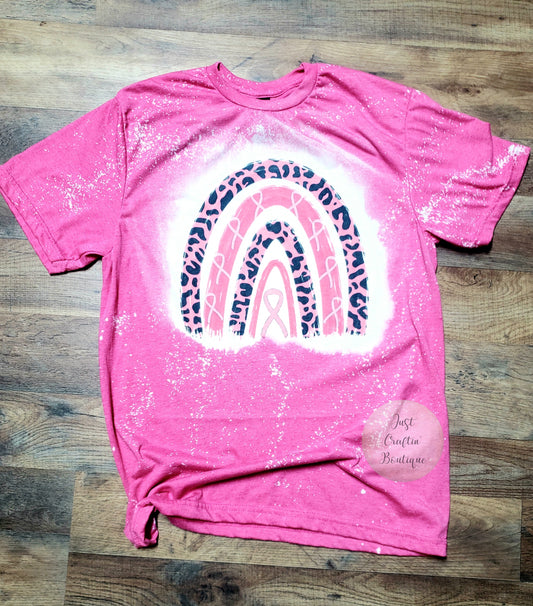 Breast Cancer Awareness Ribbon Rainbow w/Leopard  / Bleached Shirt // Custom Adult Shirt
