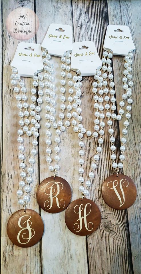 Pearl Beaded Necklace w/ Wooden Circle for Initial(s) // Custom Jewelry