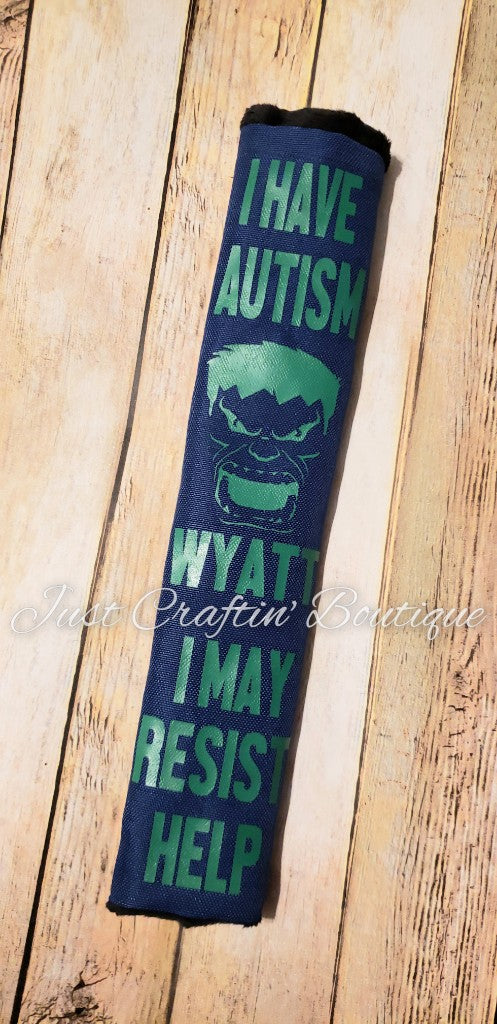 Super Hero Themed Special Needs Non-Verbal Disclaimer Seat Belt Cover // Custom Medical Alert Seat Belt Cover