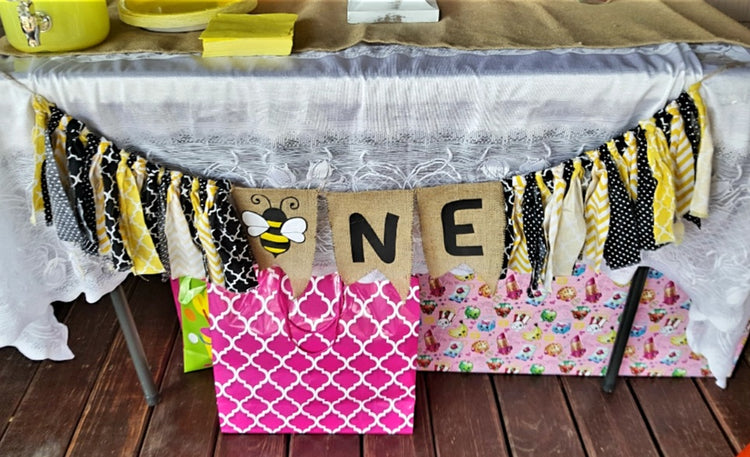 First "bee" day Birthday Banner // Custom Burlap / Fabric Birthday Banner // Bee Themed Party Decor