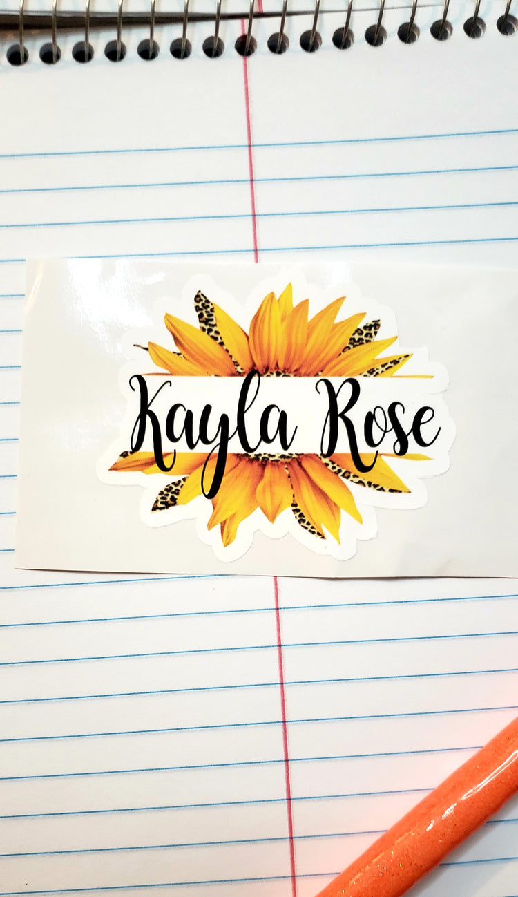 Leopard Sunflower Split Sticker w/Name Sticker // Waterproof Sticker