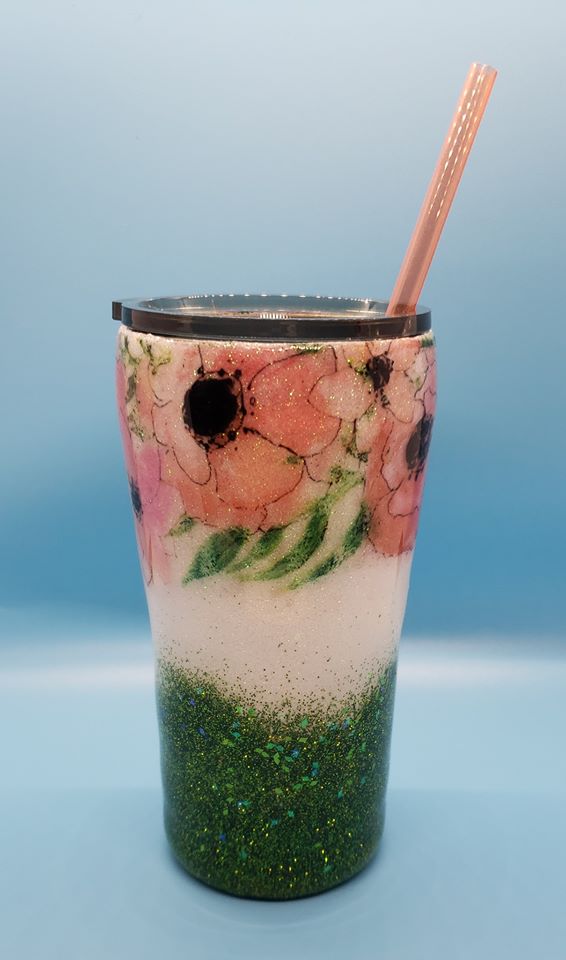 Tropical Floral Glitter Tumbler // Two-Color Glittered Sealed Custom Tumbler