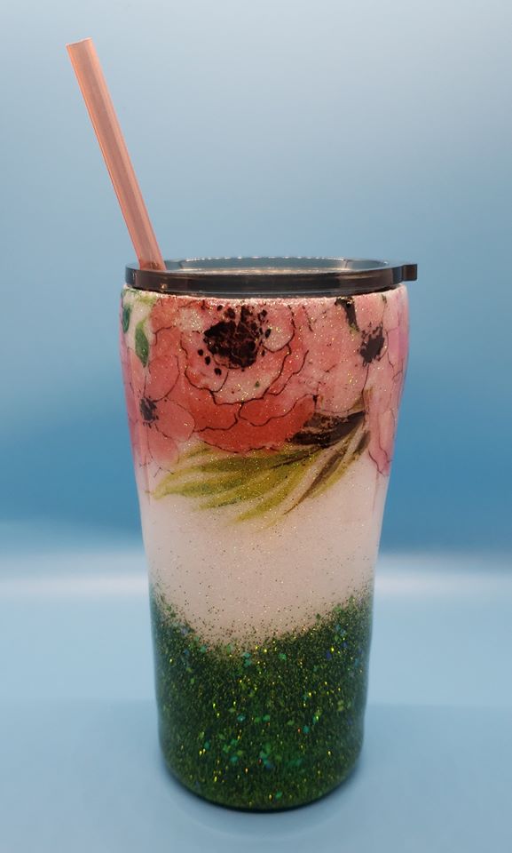 Tropical Floral Glitter Tumbler // Two-Color Glittered Sealed Custom Tumbler