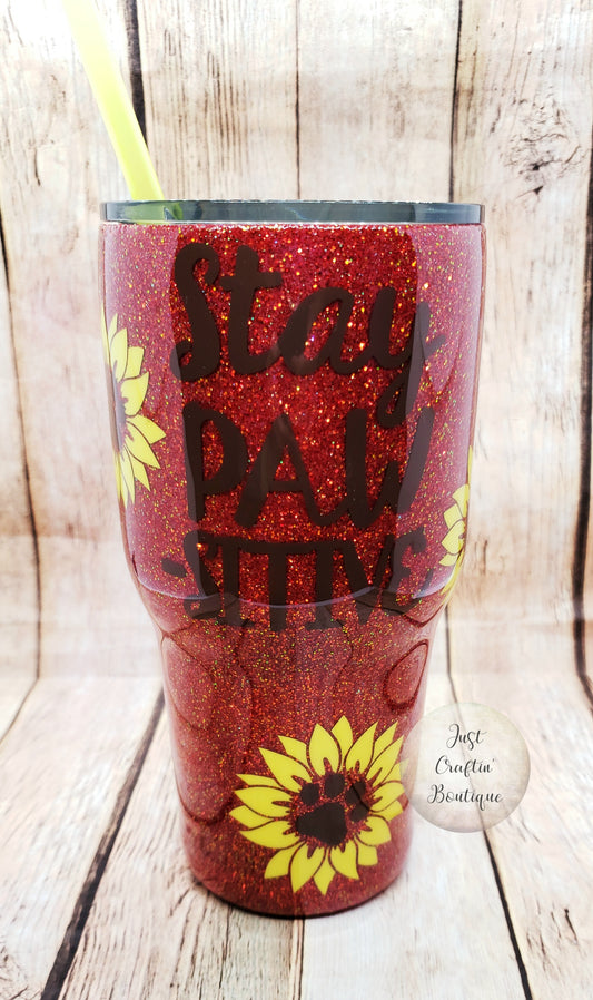 Stay Paw-sitive Paw and Sunflower Solid Glitter Tumbler / w/Initials Custom Solid Glitter // Glittery Sealed Tumbler