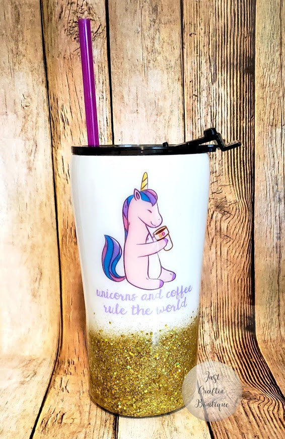 Unicorns and Coffee Rule the World // Two Color Glitter Tumbler w/Lips // Custom Sealed Tumbler