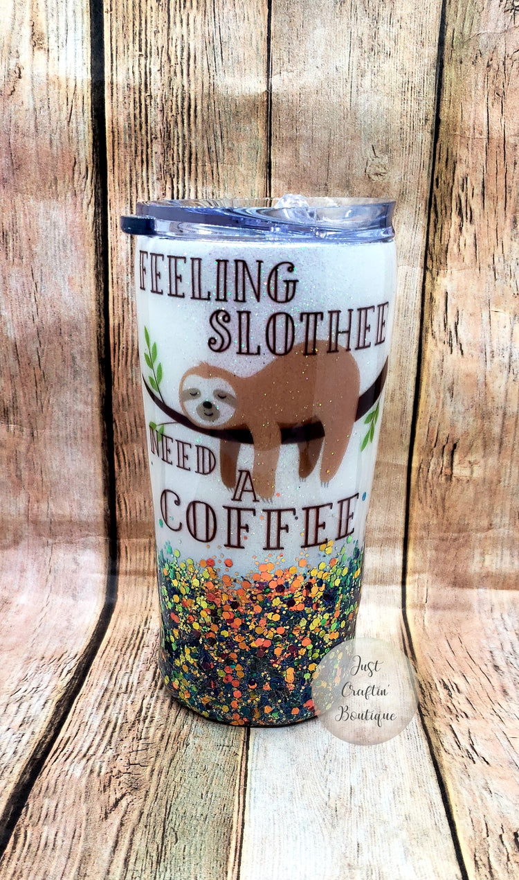 Feeling Slothee Need a Coffee // Two-Color Glittered Sealed Custom Tumbler