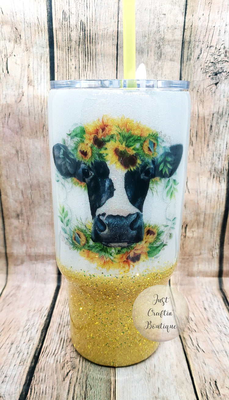Cow w/Sunflower Crown Glitter Tumbler // Custom Sealed Tumbler