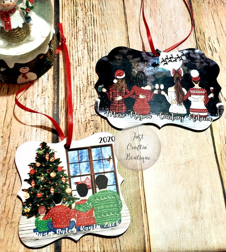 Custom Besties / Cousins Christmas Ornament / Nighttime Scene / Christmas Tree Scene