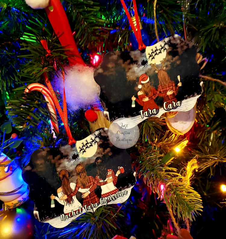 Custom Besties / Cousins Christmas Ornament / Nighttime Scene / Christmas Tree Scene