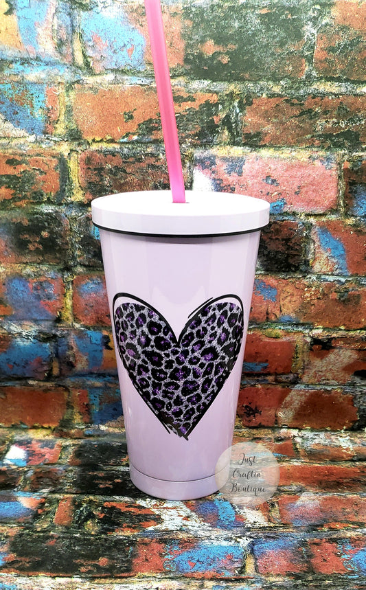 Glittery Leopard Heart w/Name or Business Logo // 15oz Sublimated Colored Tumbler