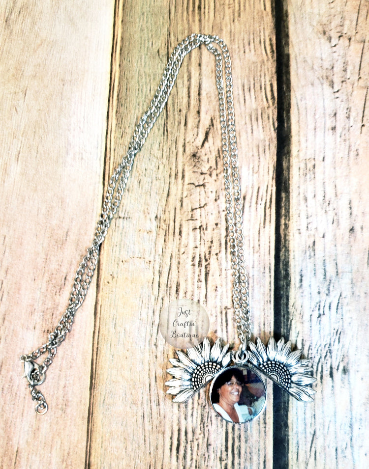 Custom Opening Sunflower Charm Necklace w/ Quote or Picture // Custom Sunflower Necklace