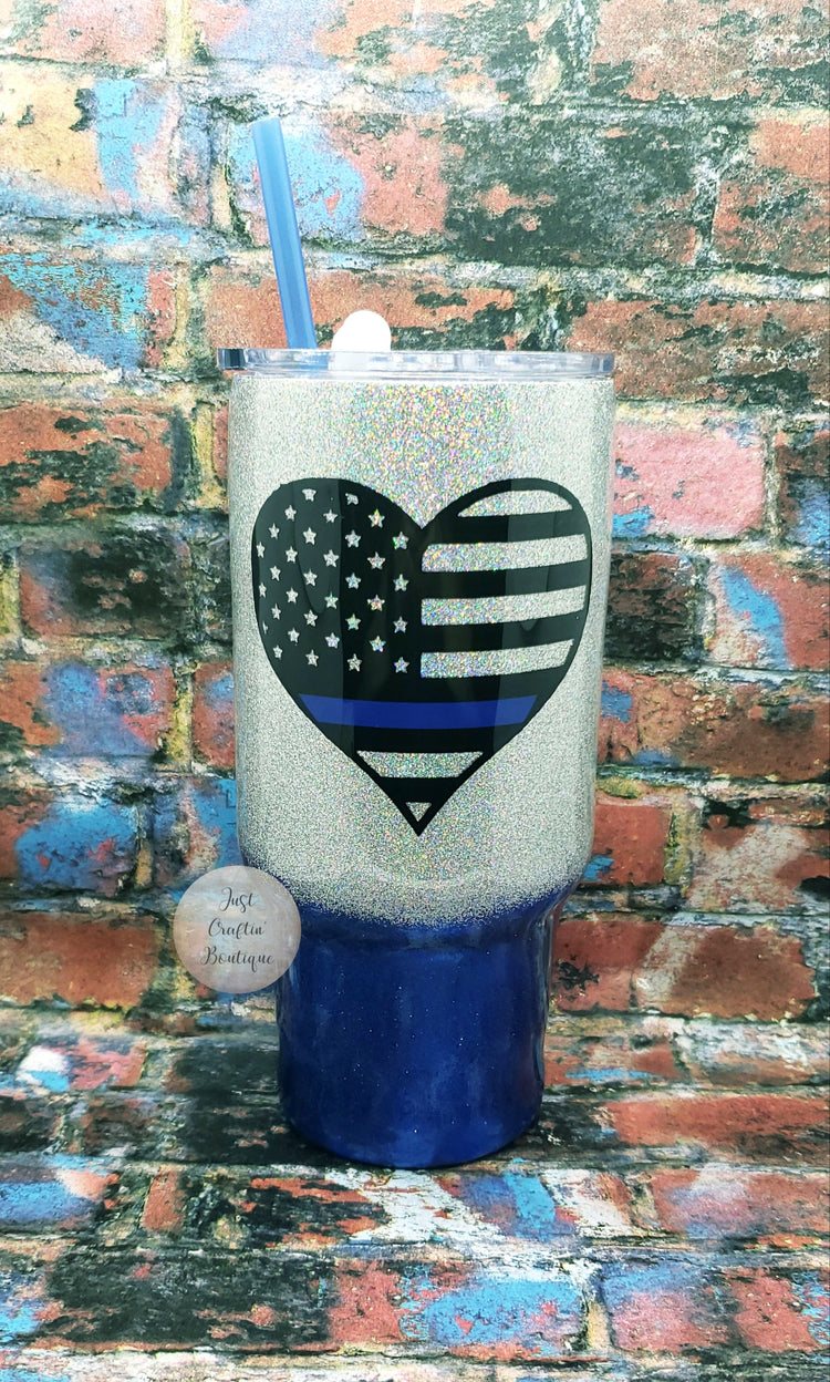 Thin Blue Line Flag Heart / Some Heroes Wear Capes Mine Wears Kevlar / Two Colored Glitter Tumbler w/Initials // Sealed Tumbler