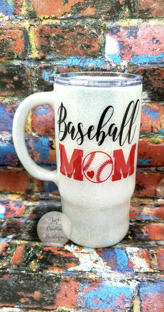 Baseball Mom Solid Glitter // Handled Sealed Mug Tumbler