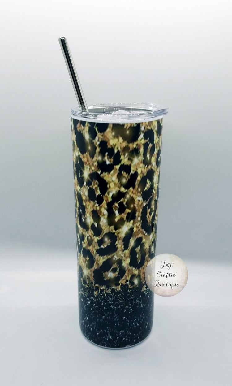 Glittery Leopard and Black Tumbler // Sublimated Tumbler
