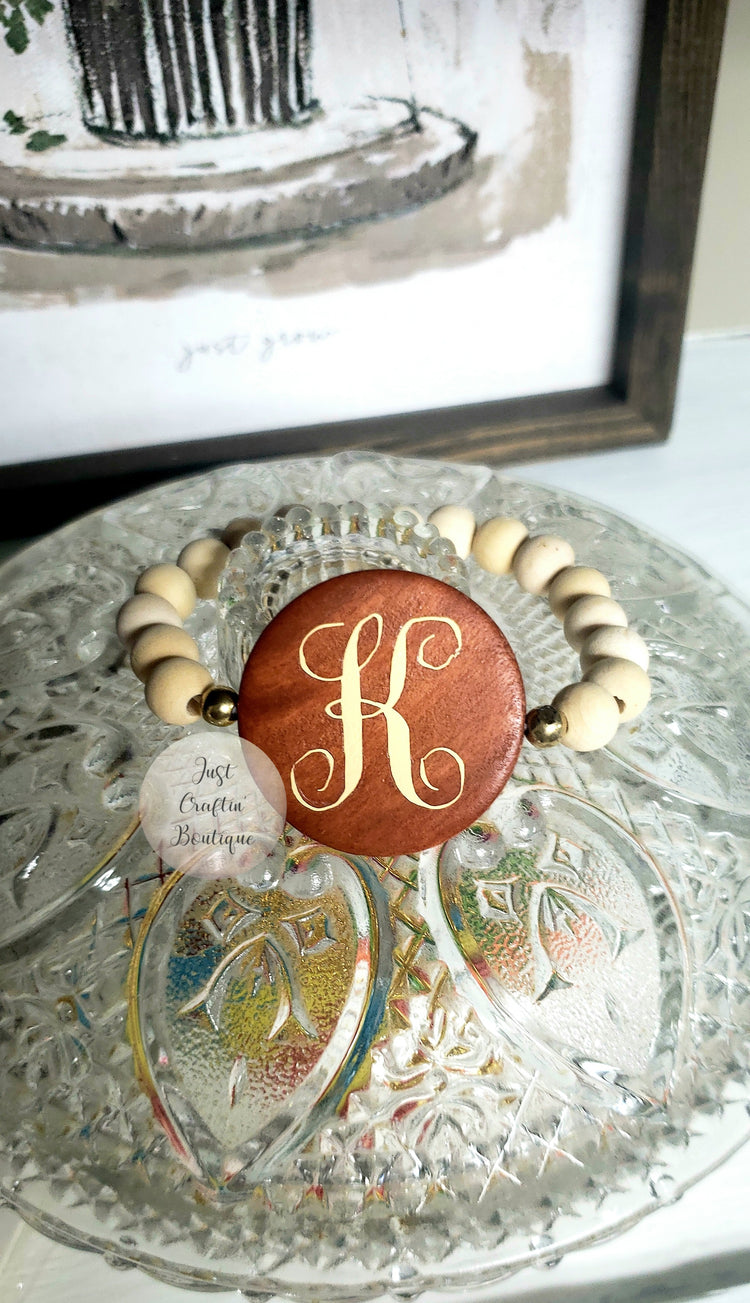 Wooden Beaded Bracelet w/ Wooden Circle for Initial(s) // Custom Jewelry