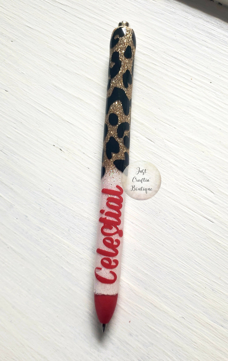 Leopard Glitter Pen w/Name // Custom Two Color With Name // Sealed Glitter Pens