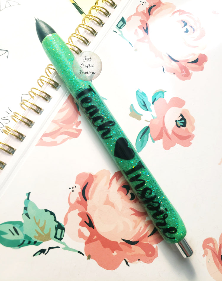Teach Love Inspire Glittered Pen // One Color With Name //  Custom Sealed Solid Pens
