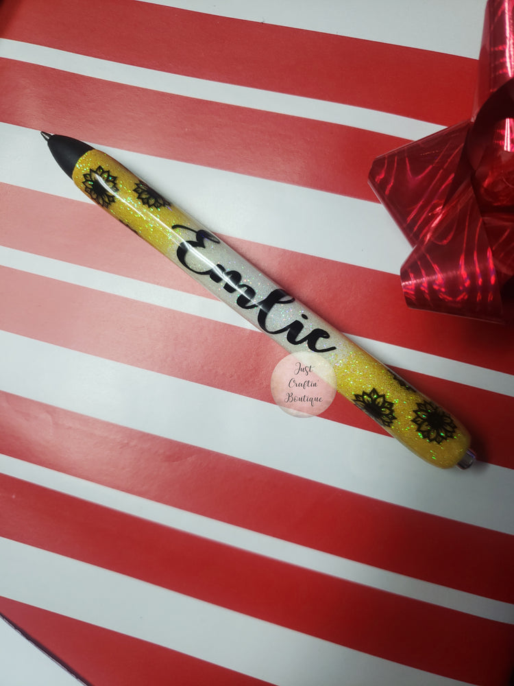 Sunflower Glitter Pen // Custom Two Color With Name // Sealed Glitter Pens