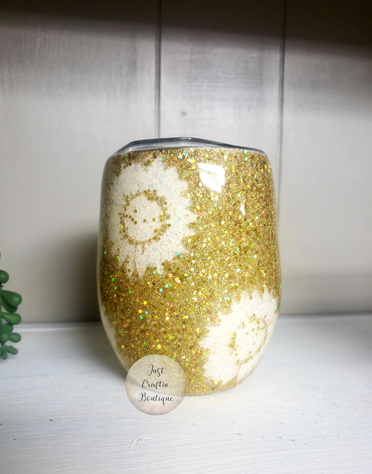 Peek-A-Boo Glowing Sunflower Wine Glass / Full Glitter Wine Tumbler