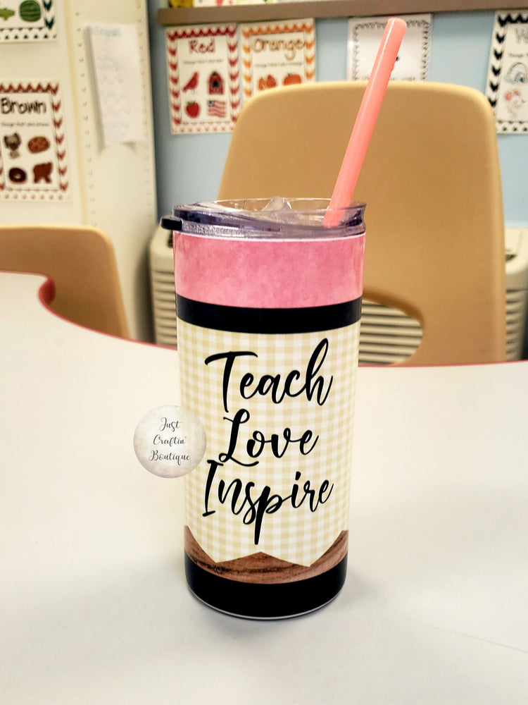 Teach Love Inspire // Wooden Pencil Tumbler // Custom Teacher Tumbler // Sublimated Tumbler