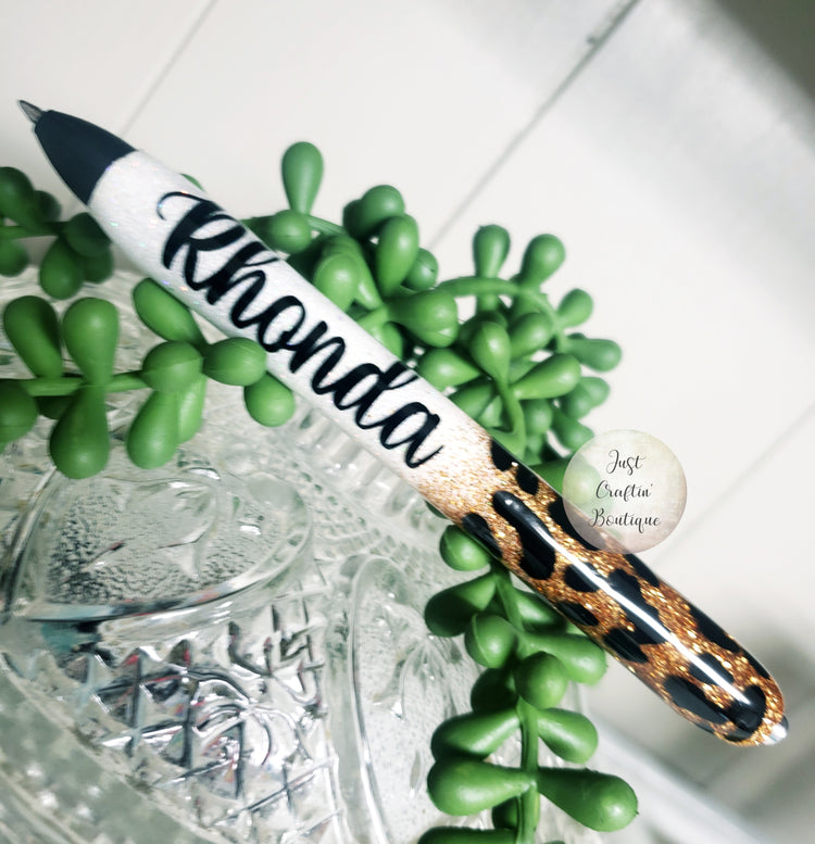 Leopard Glitter Pen w/Name // Custom Two Color With Name // Sealed Glitter Pens