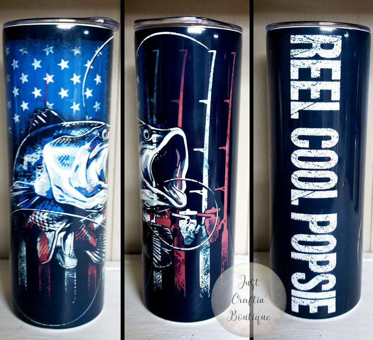 Reel Cool Popsie / Dad // American Flag Fish Tumbler // Custom Sublimated Tumbler