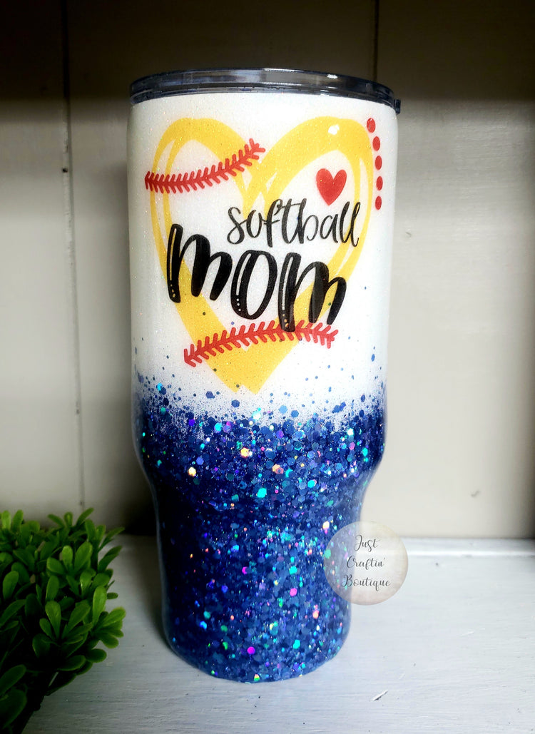 Softball Mom // Softball Numbers // Two-Color Glittered Sealed Custom Tumbler