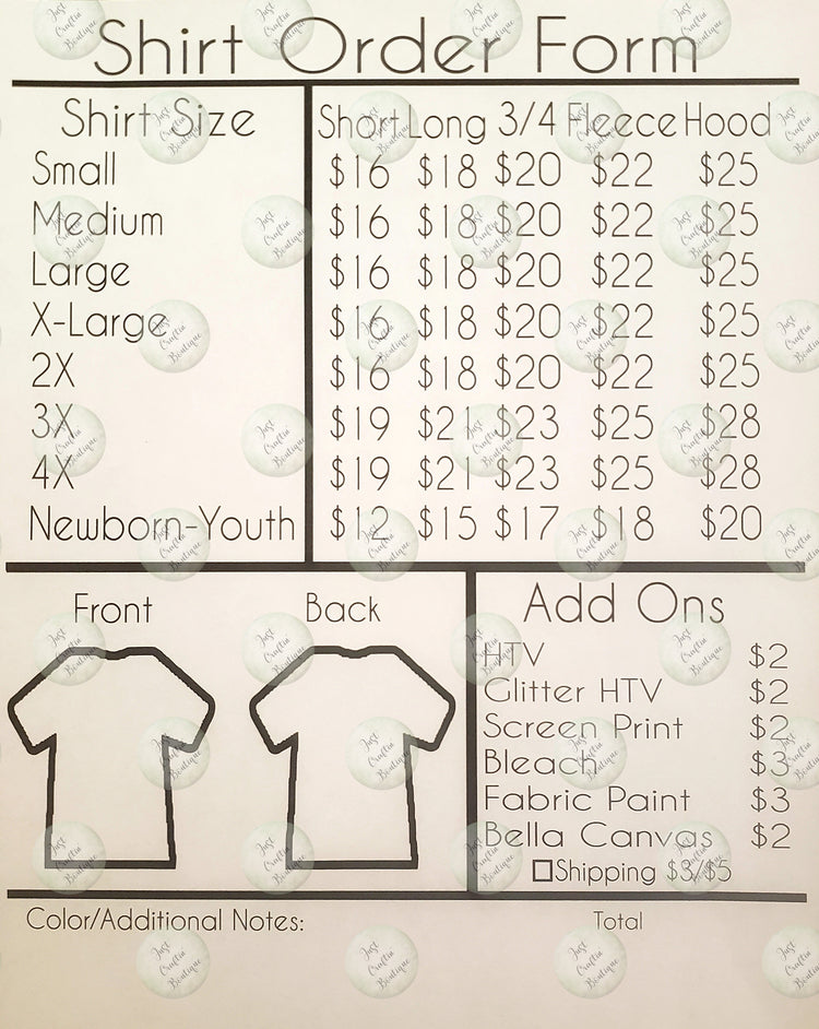Dry Erase Shirt Order Form // Physical Copy