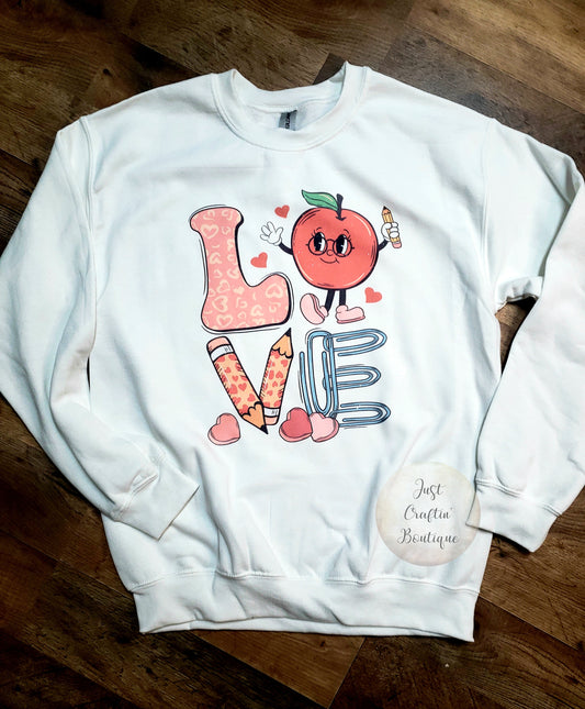 LOVE Retro Teacher Sweatshirt w/Apple // Teacher Valentine Sweatshirt