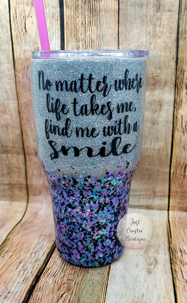 No Matter Where Life Takes Me Find Me With A Smile // Mac Miller Quote / Two Colored Glitter Tumbler w/Initials // Sealed Tumbler